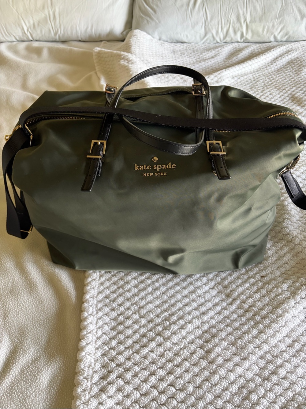 kate spade Olive Green Nylon Duffel with Black Trim & Gold Logo